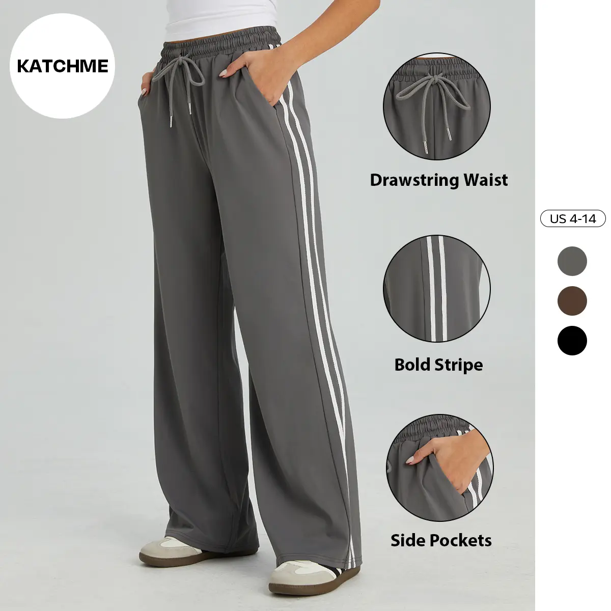 Women's Casual High Waist Striped Wide Leg Trousers, Sporty Drawstring Waist Side Pocket Outfit, Minimalist Versatile Women's Bottom