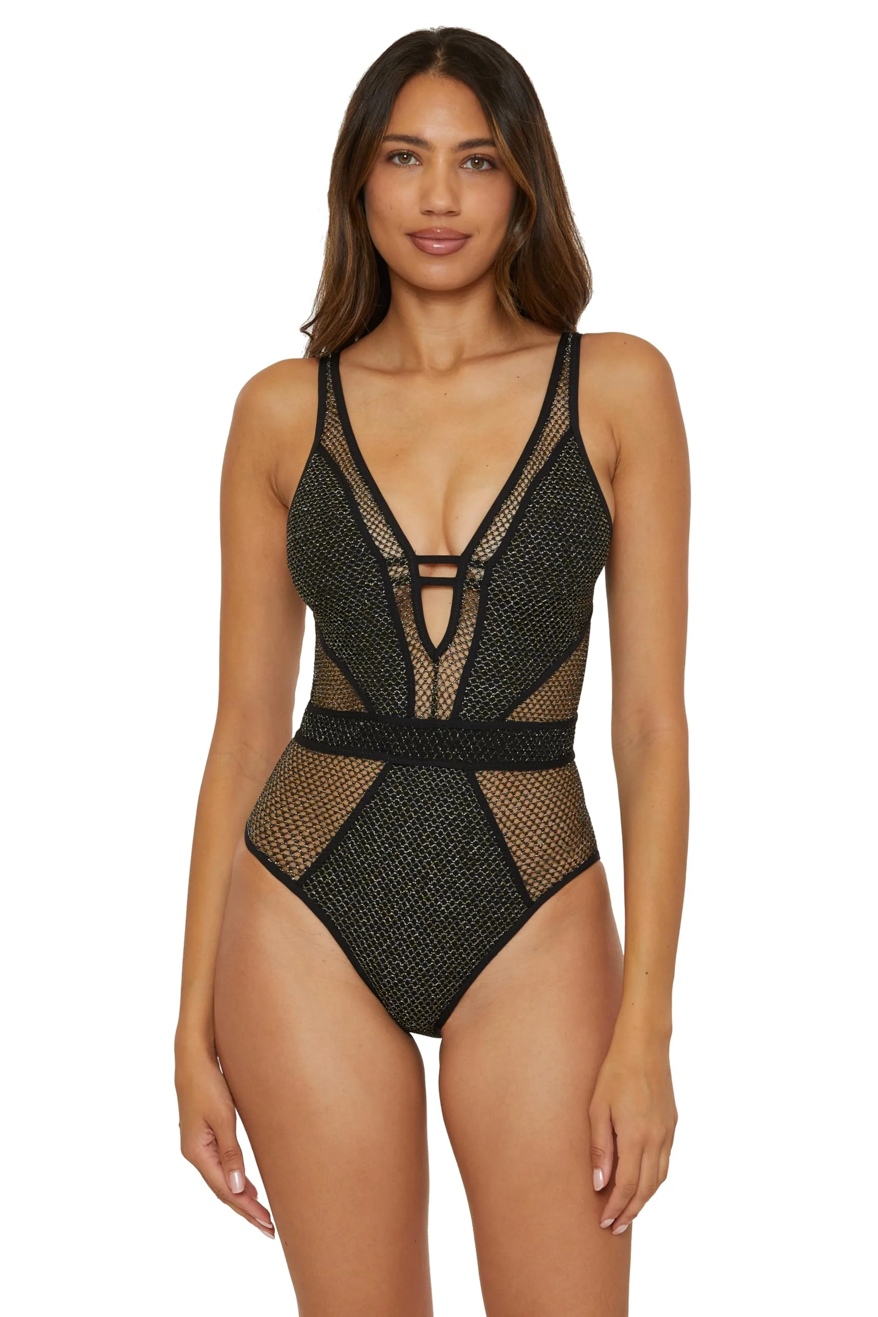 Women's One Piece Swimsuit, Plunge Neck, Crochet, Bathing Suits for Women, Black, Large