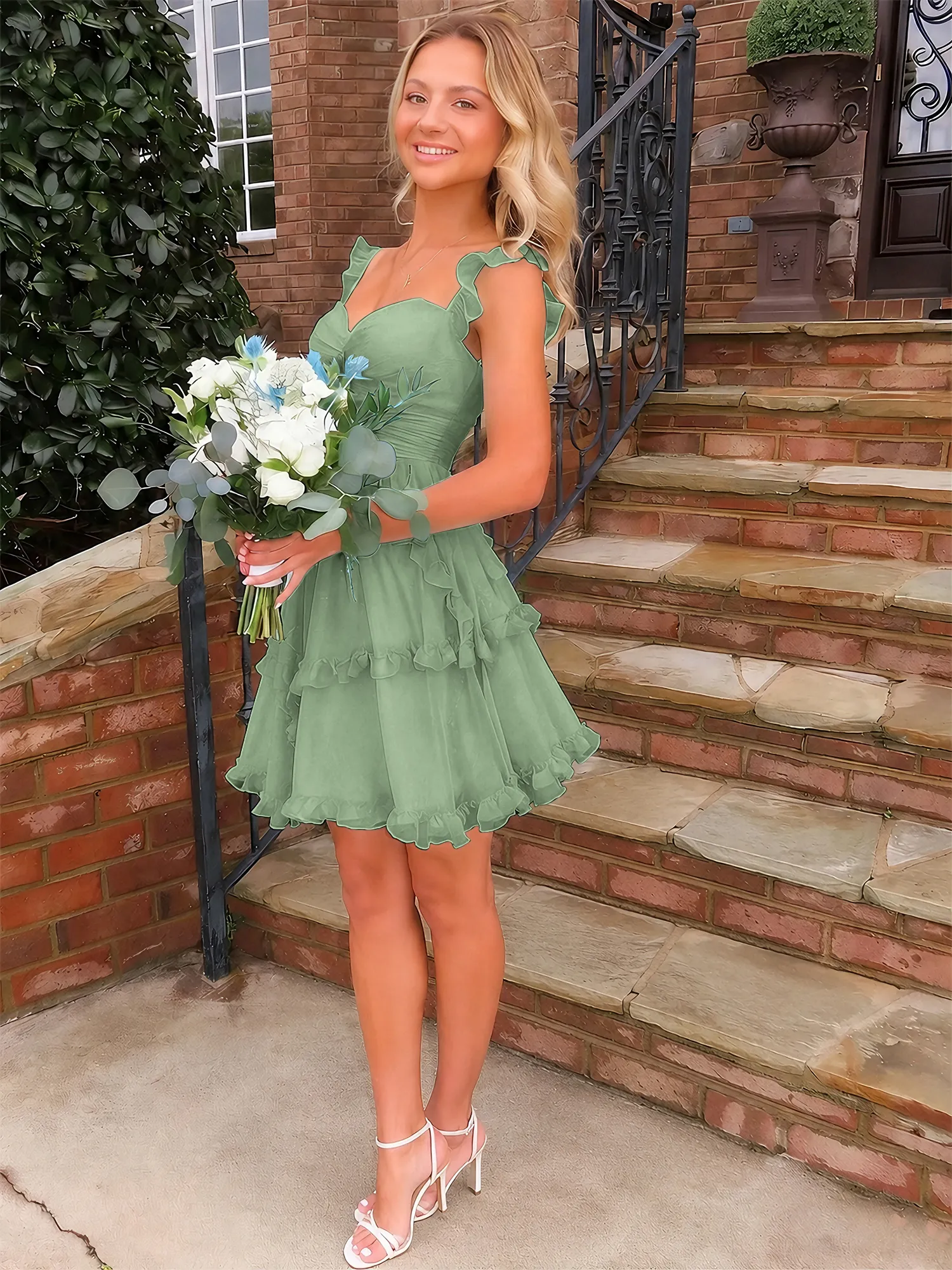 Sweetheart Ruffle Strap Tiered Chiffon Mini Homecoming Dress