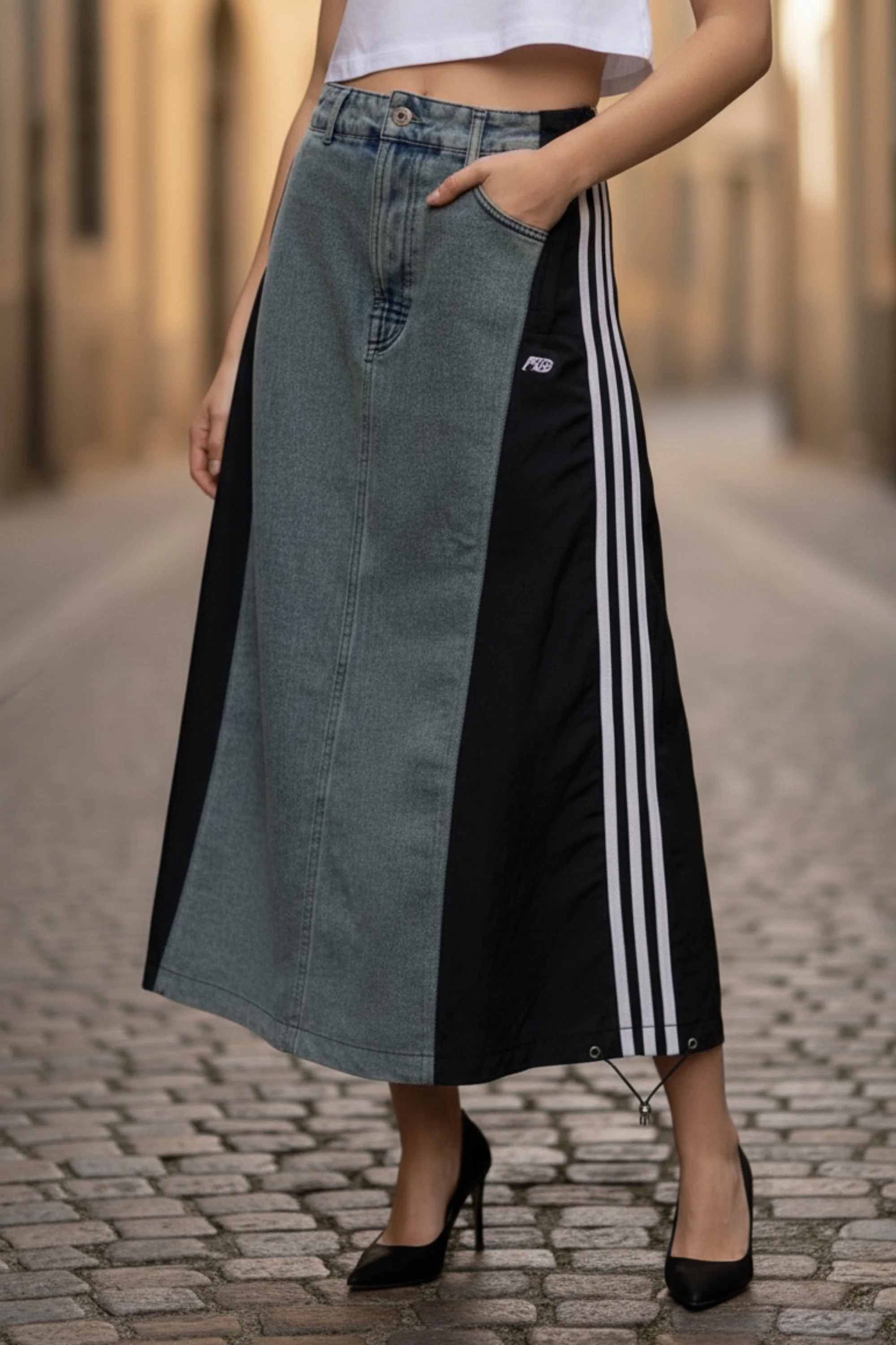 Stripe Fusion Denim Skirt