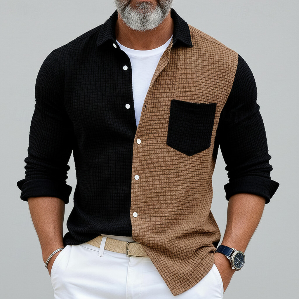 Men's Casual Contrast Color Waffle Shirt Collar Single Breasted Long Sleeve Shirts