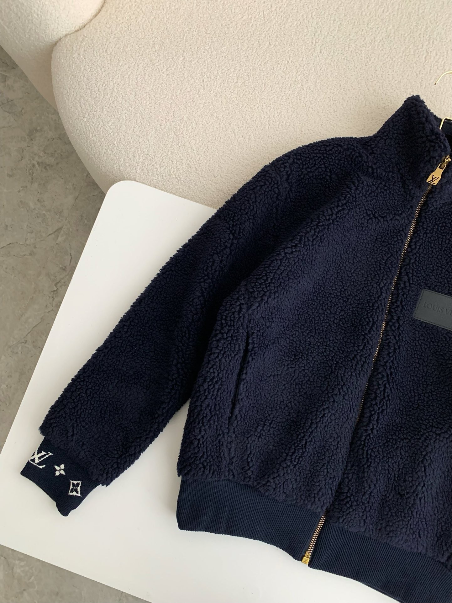 LV Embossed leather patch long-sleeve fleece jacket