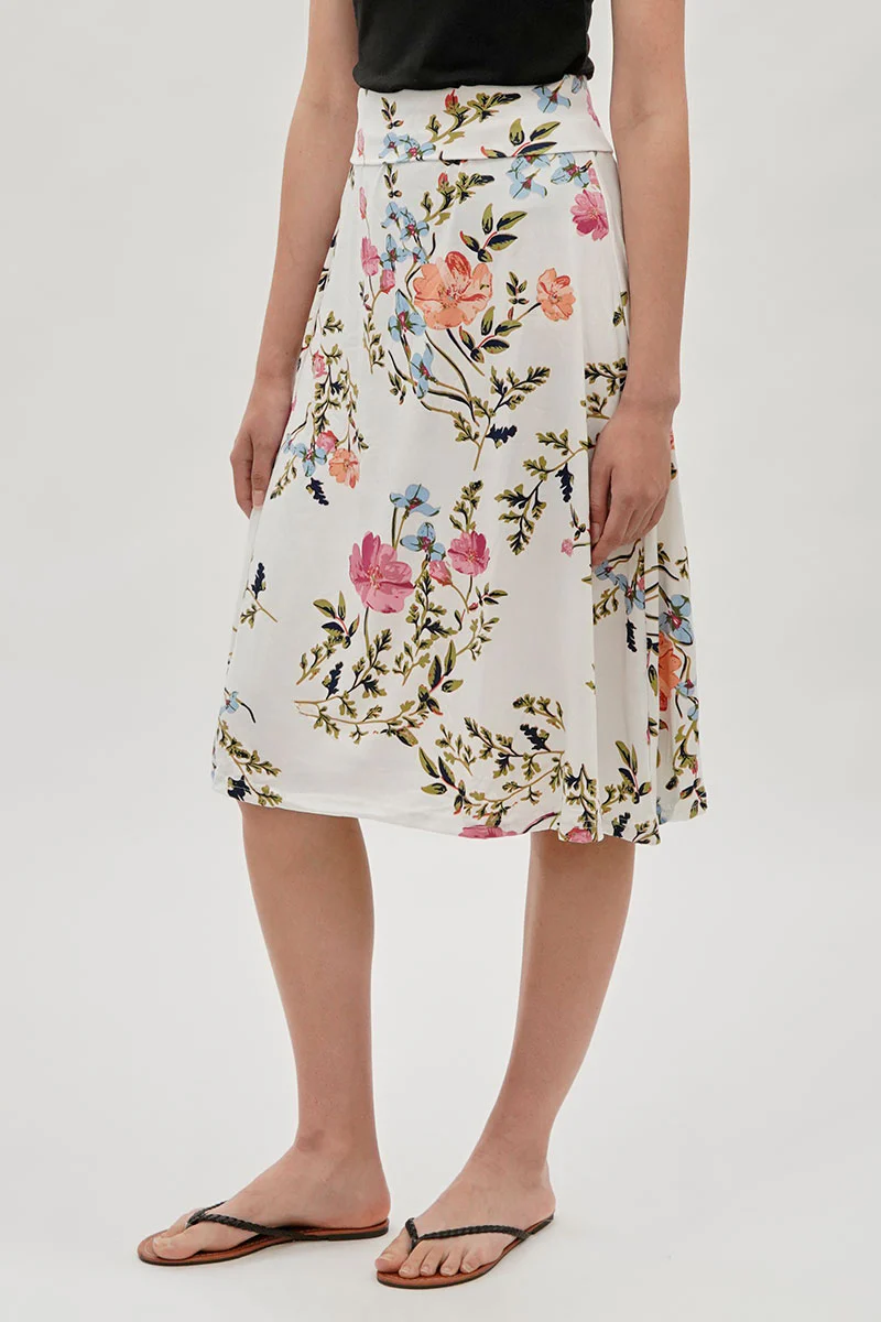Floral Fold Over Midi Skirt - White