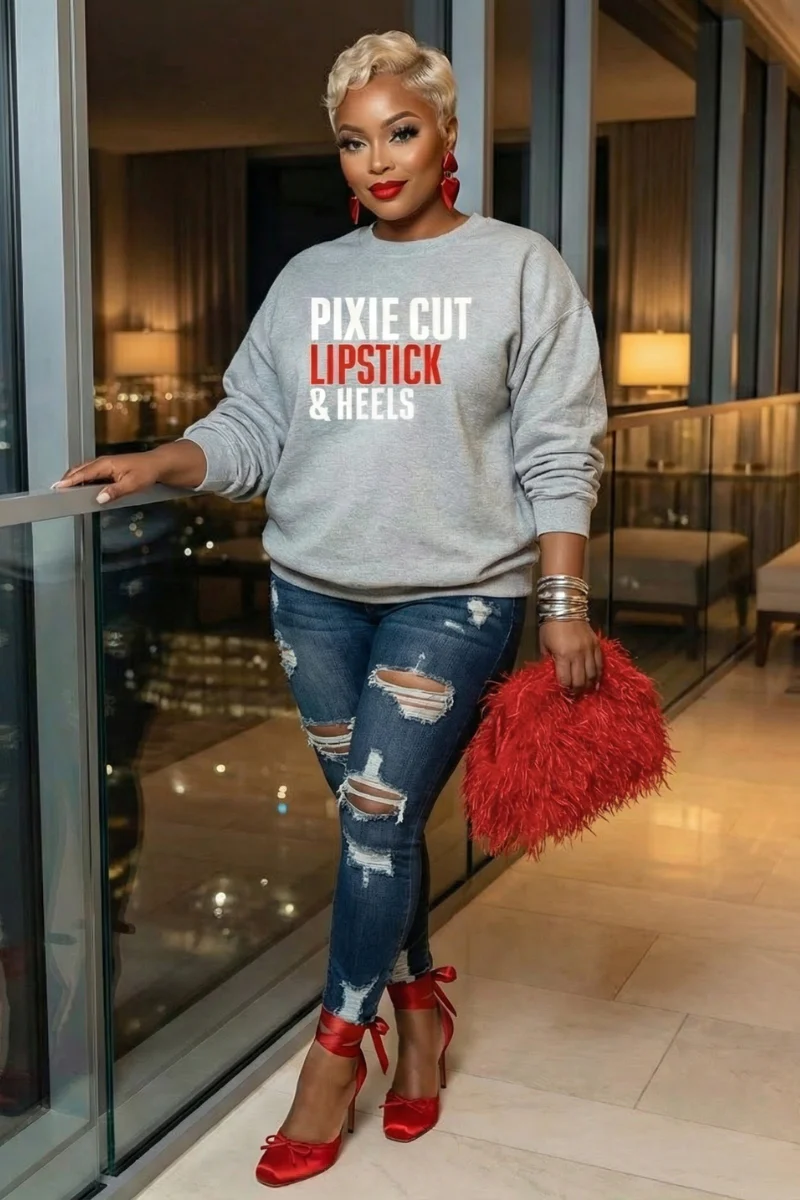 Pixie Cut, Lipsitck, & Heels Sweatshirt (gray)