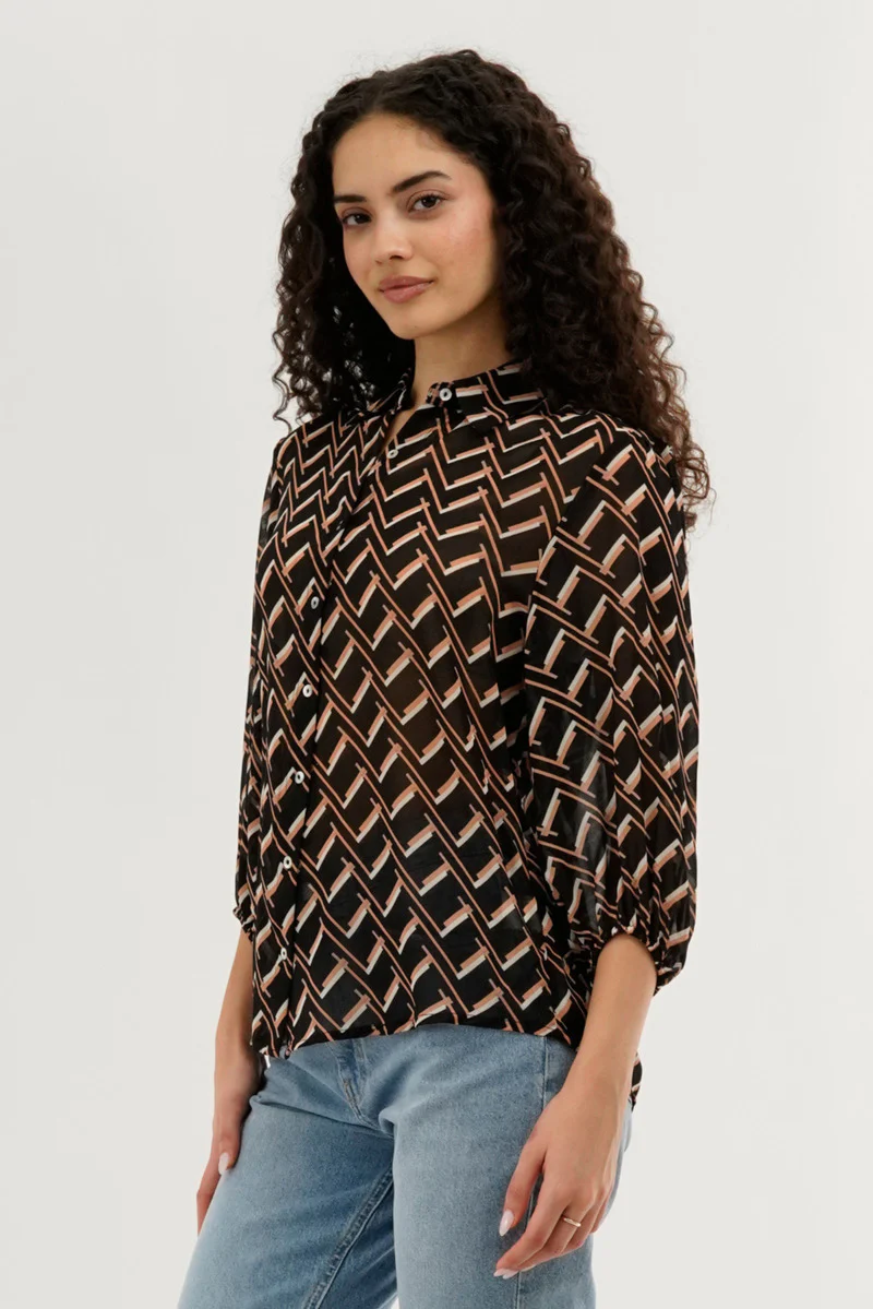 Patterned Sheer Button Down Blouse - Black