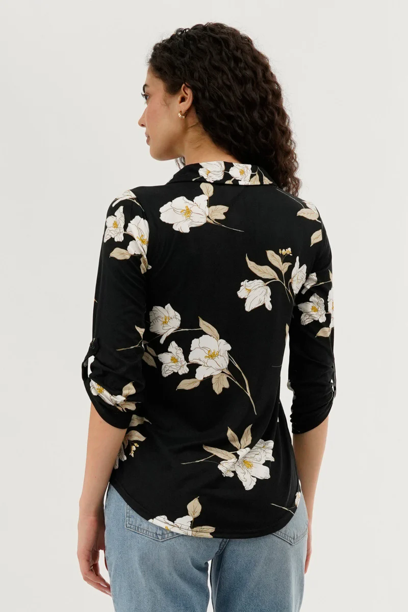 Floral Button Up Blouse - Black