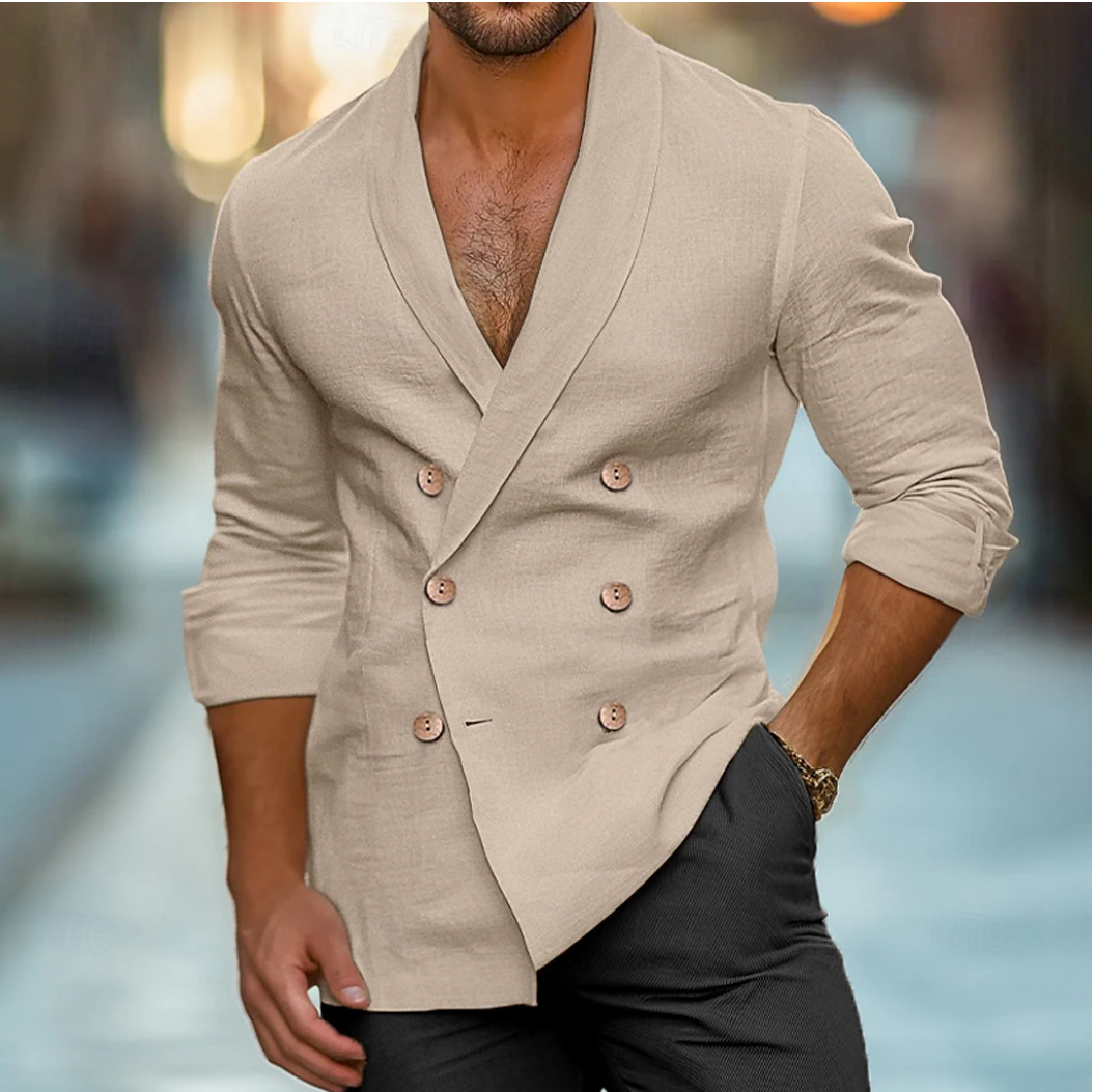 Men's Shawl Lapel Double Breasted Long Sleeve Shirt
