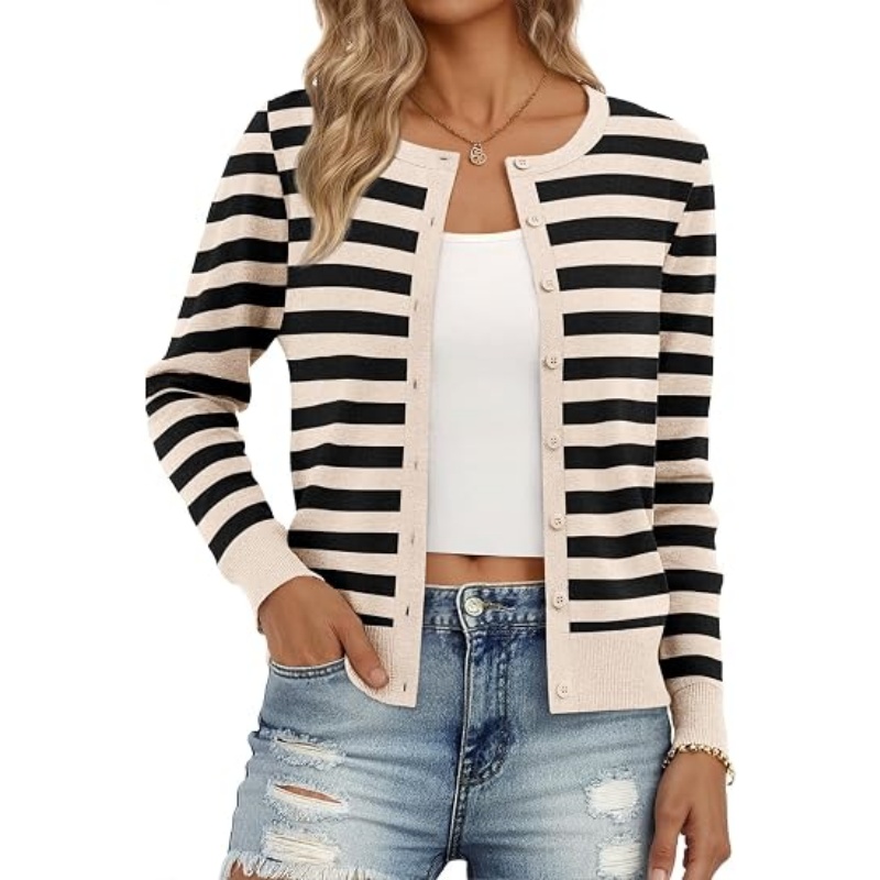 Women Lightweight Striped Knit Cardigan Crew Neck Button‑Down Long Sleeve Cropped Casual Knit Outerwear