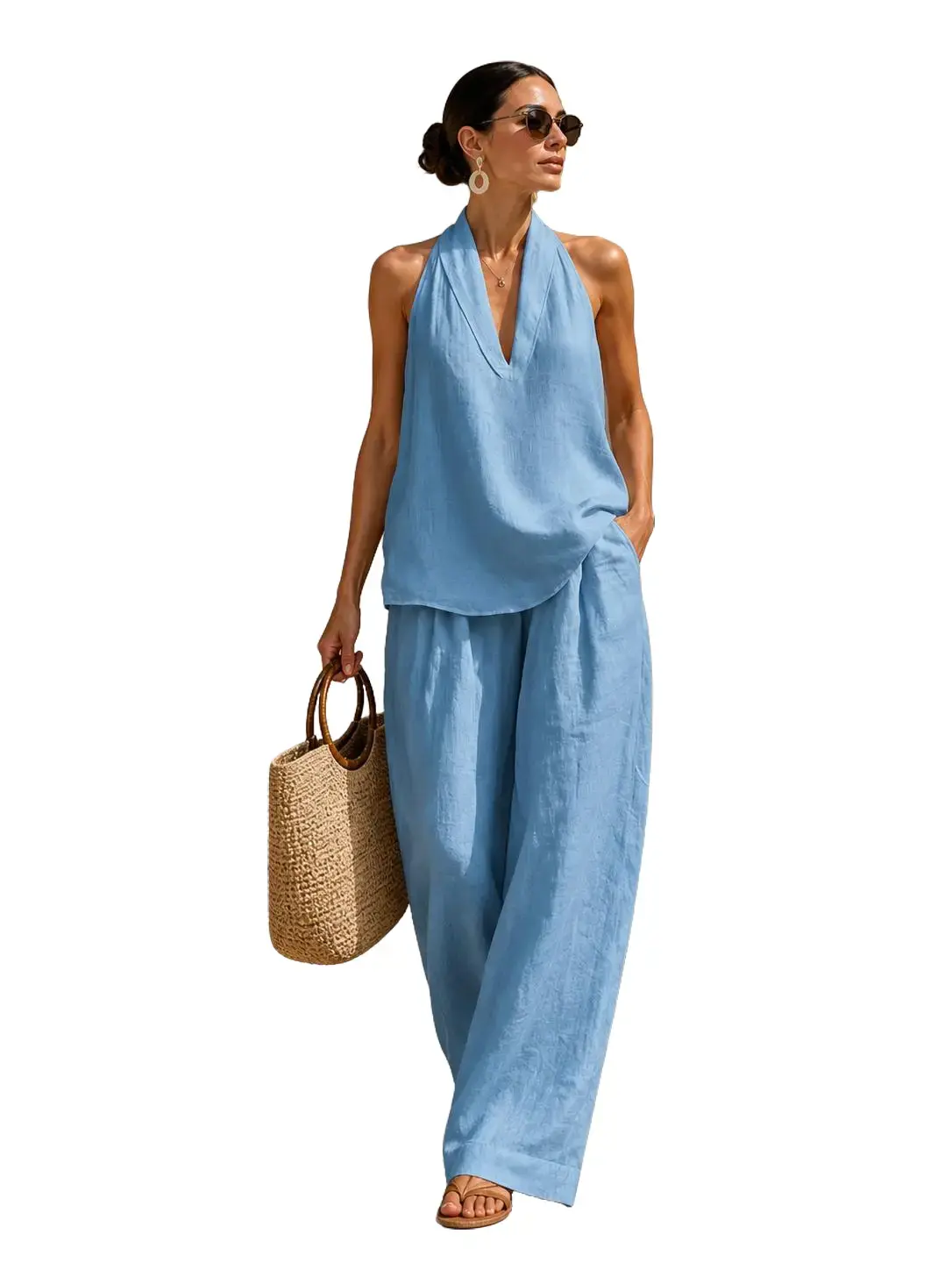 Boho Ice Silk Crinkle Fabric Two Piece Set - Perfect for Beach, Vacation & Brunch! Halter Neck Sleeveless Top Wide Leg Pants Set # TwoPieceSet #   WideLegPants #           HalterNeck #           SummerOutfit #           BohoFashion #
