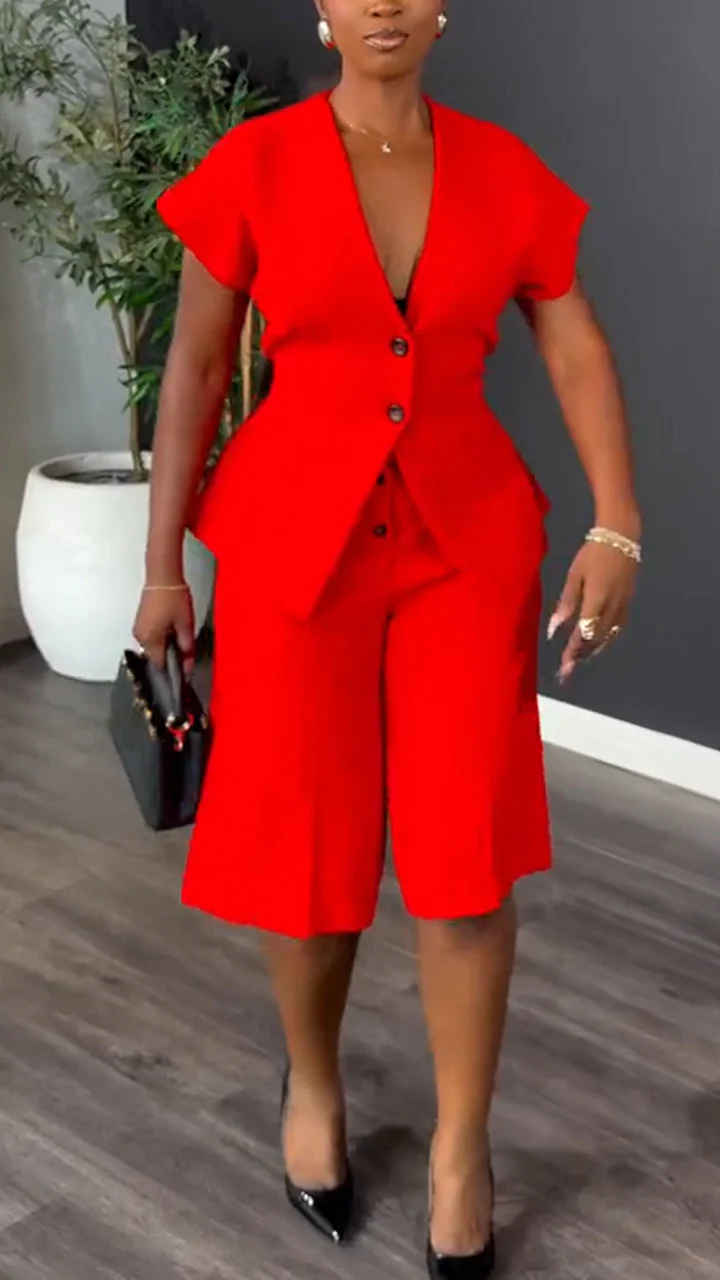Womens V-neck Jacket+ Pants Casual Set with Temperament
