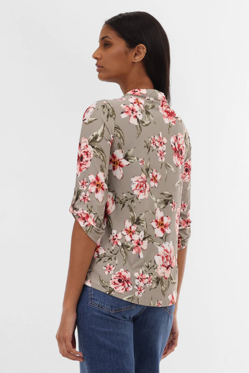 Floral Half Zip Blouse - Olive
