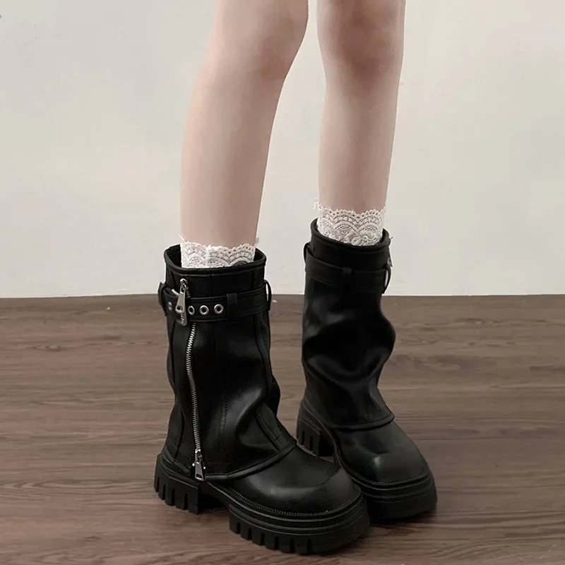Winter Women Biker Boots Fashion Belt Buckle Ladies Elegant Platform Flats Short Booties Casual Women’s Knight Booties