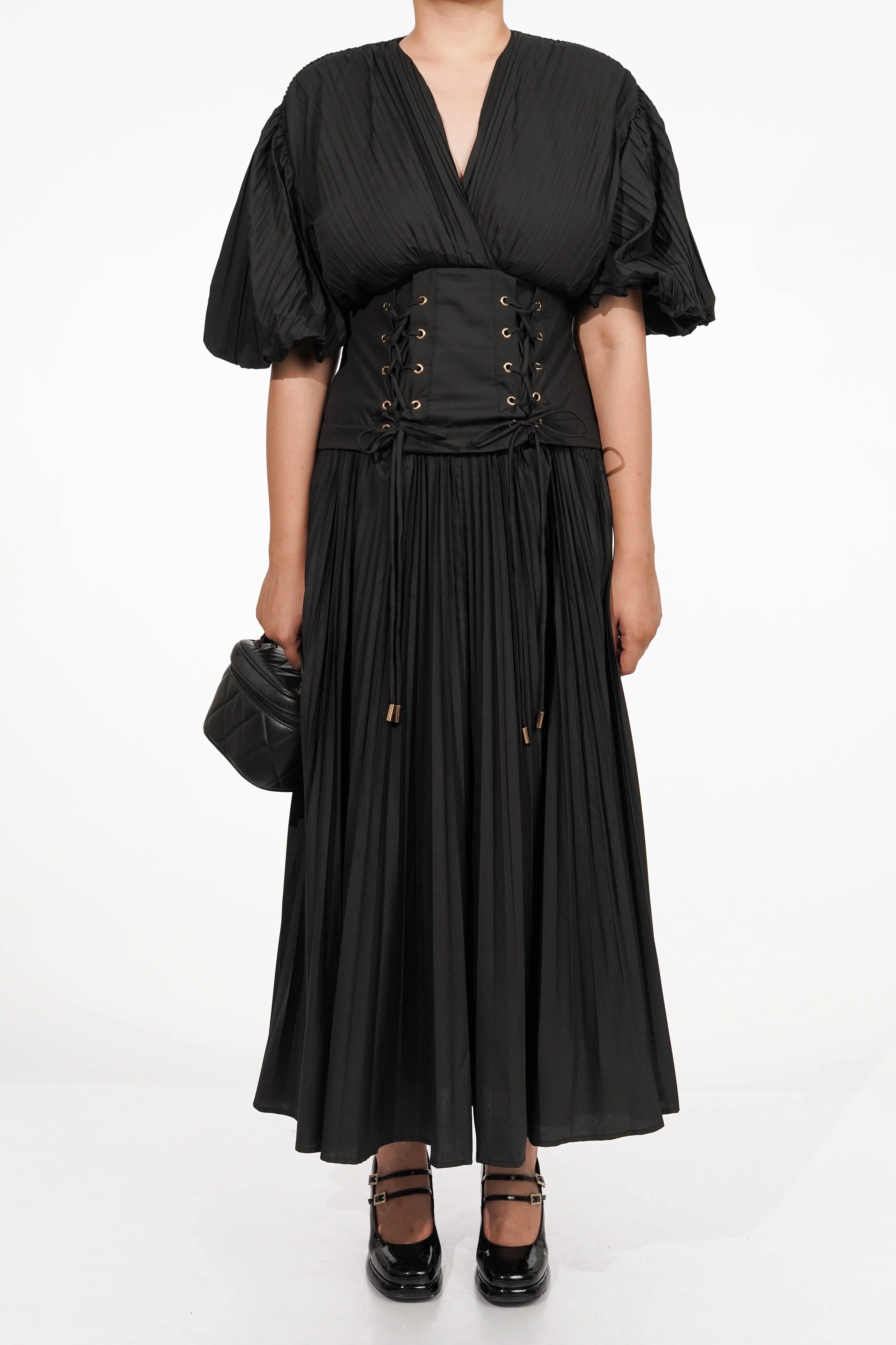 Black Pleated Tie-up Dress