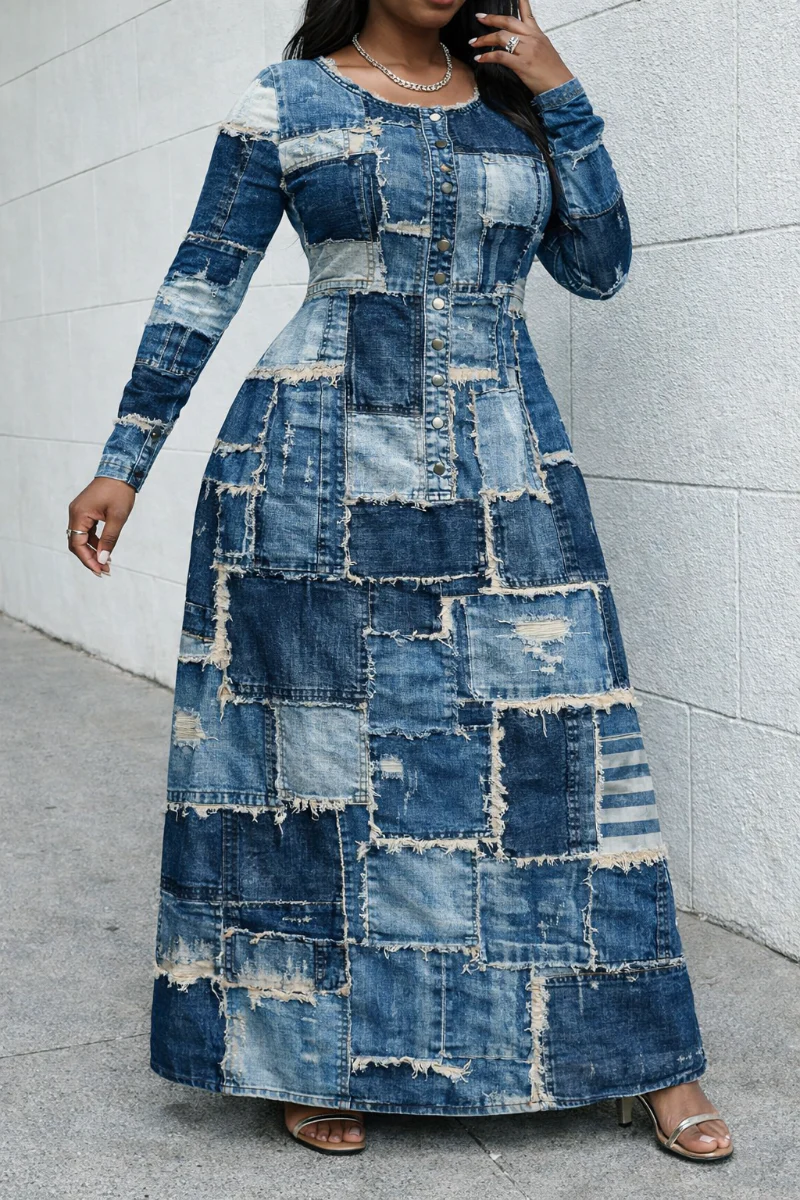 Patch Crewneck Long Sleeves Casual Dress