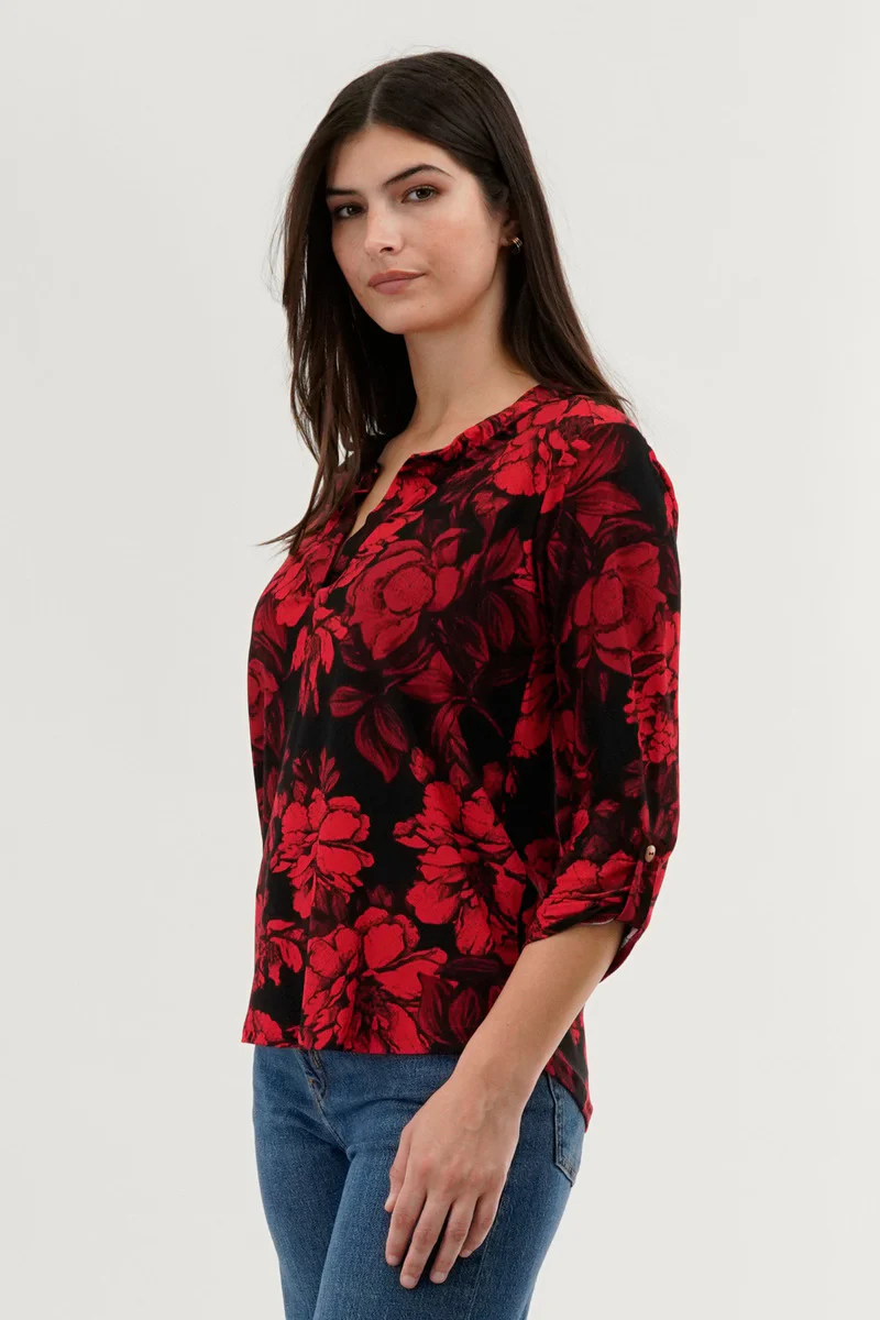 Floral Split Neck Blouse - Red