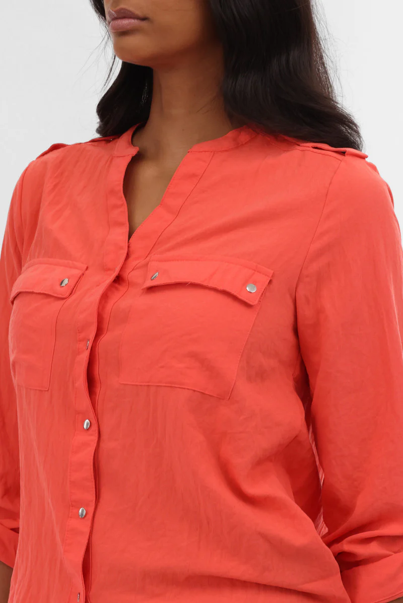 Roll Up Sleeve Utility Pocket Blouse - Coral