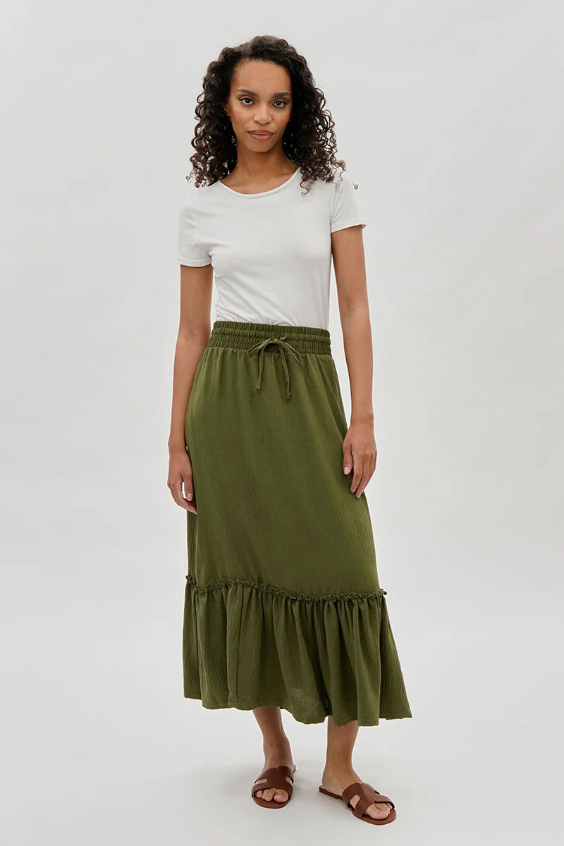 Vintage Tiered Cinched Skirt - Olive
