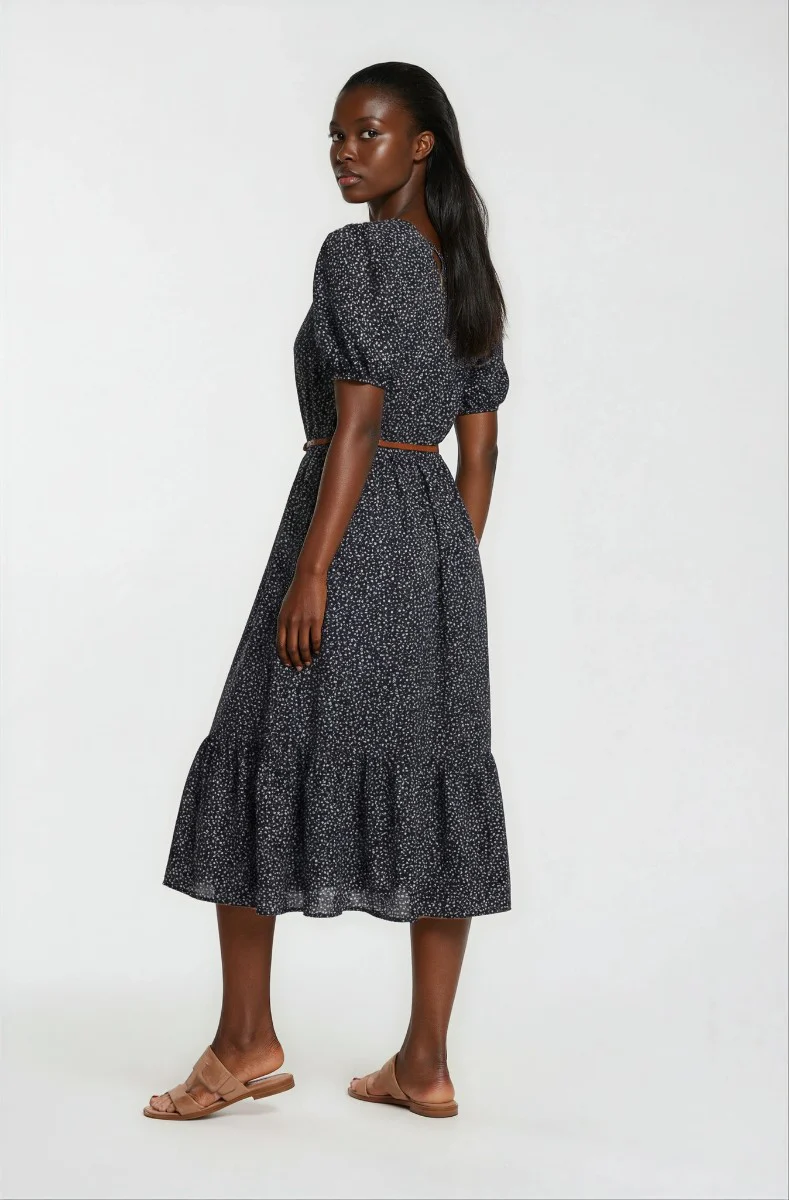 Square Neck Belted Dress - Navy