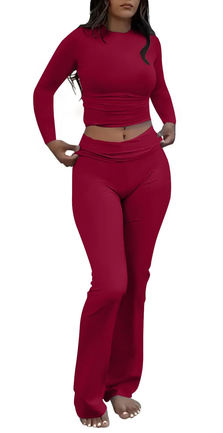 Women's 2 Piece Outfits Foldover Flare Pants Long Sleeve Crew Neck T-shirt Fitted Pajama Sets (Bric, Medium)