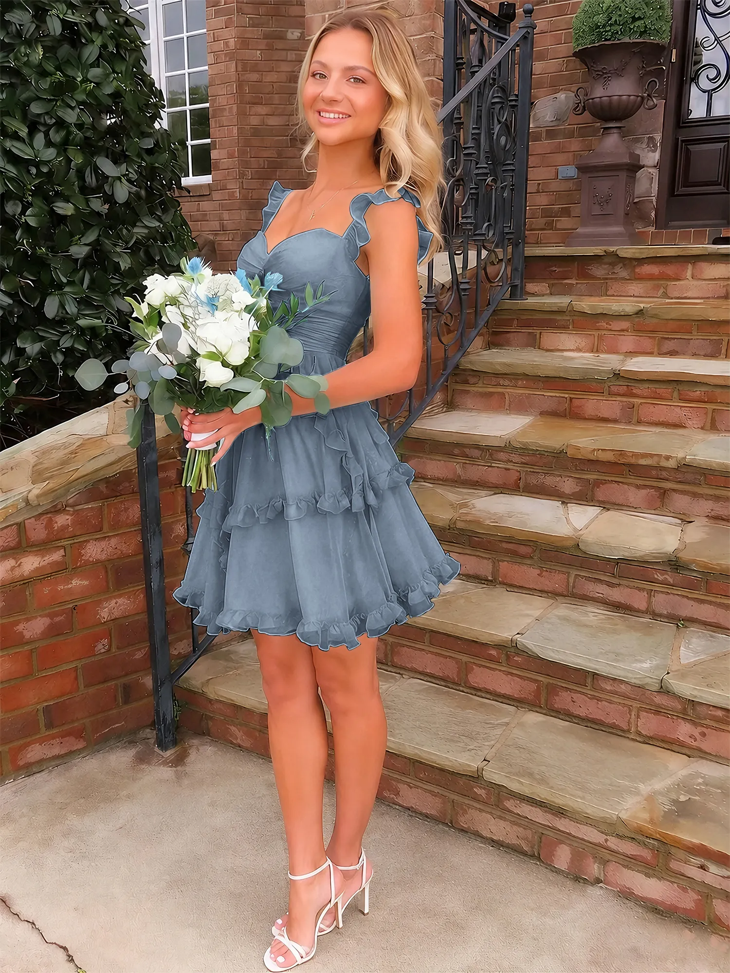 Sweetheart Ruffle Strap Tiered Chiffon Mini Homecoming Dress