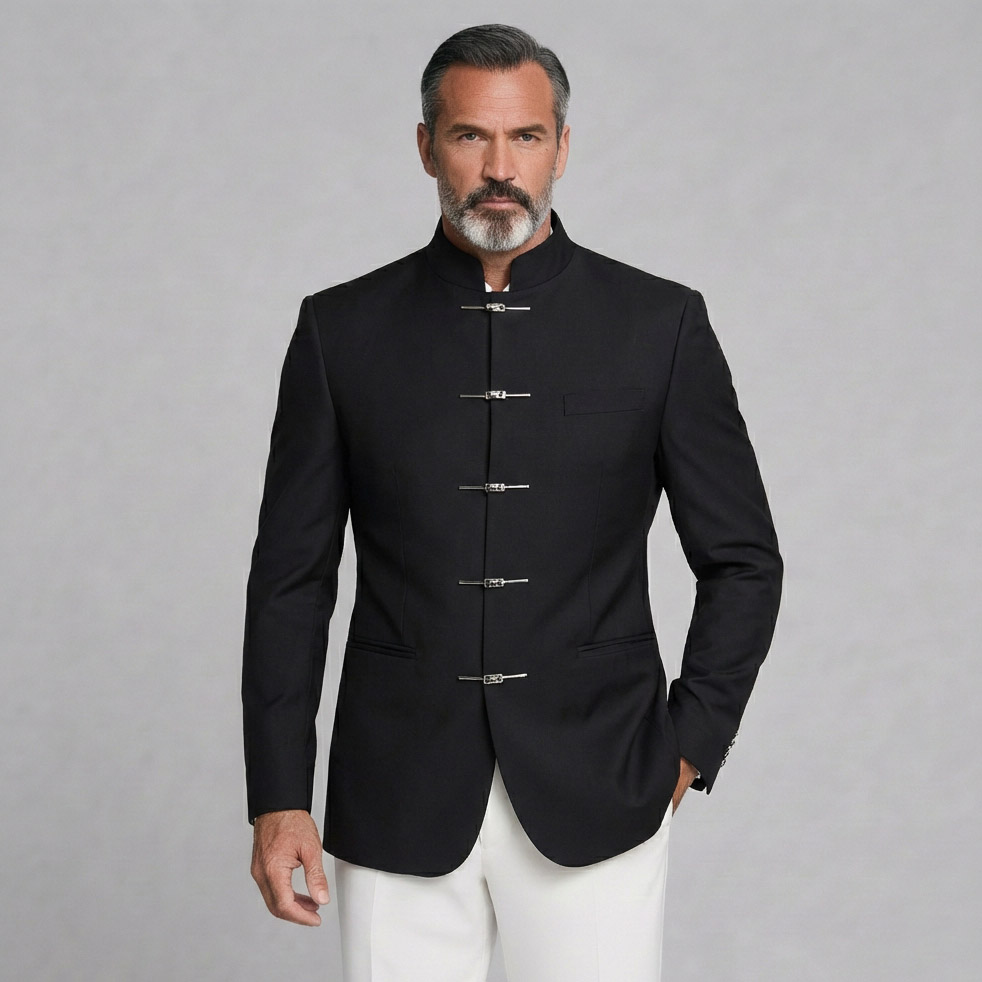 Men's Business Black Stand Collar Single Breasted Pocket Long Sleeve Blazer