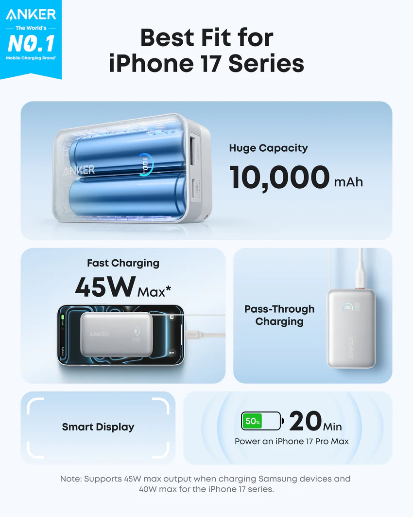 Anker Nano Power Bank (10K, 45W, Built-In Retractable USB-C Cable)