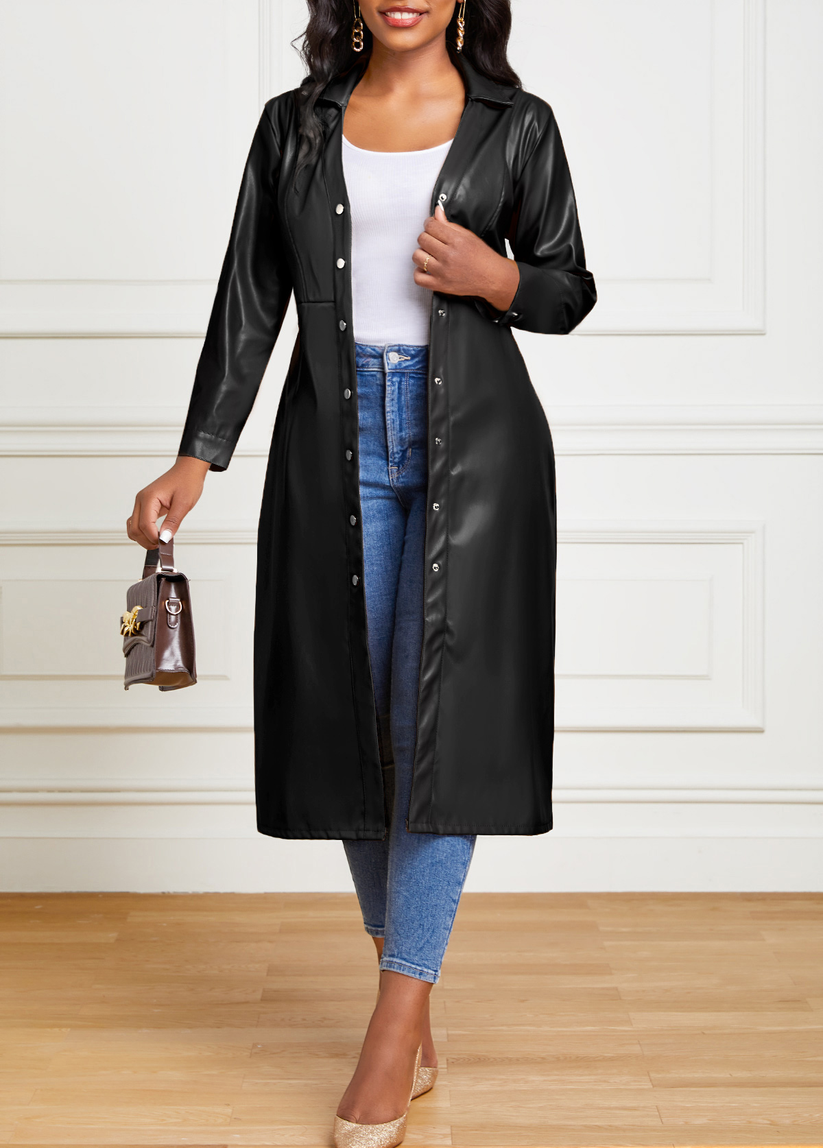 Belted Faux Leather Snap Button Dress
