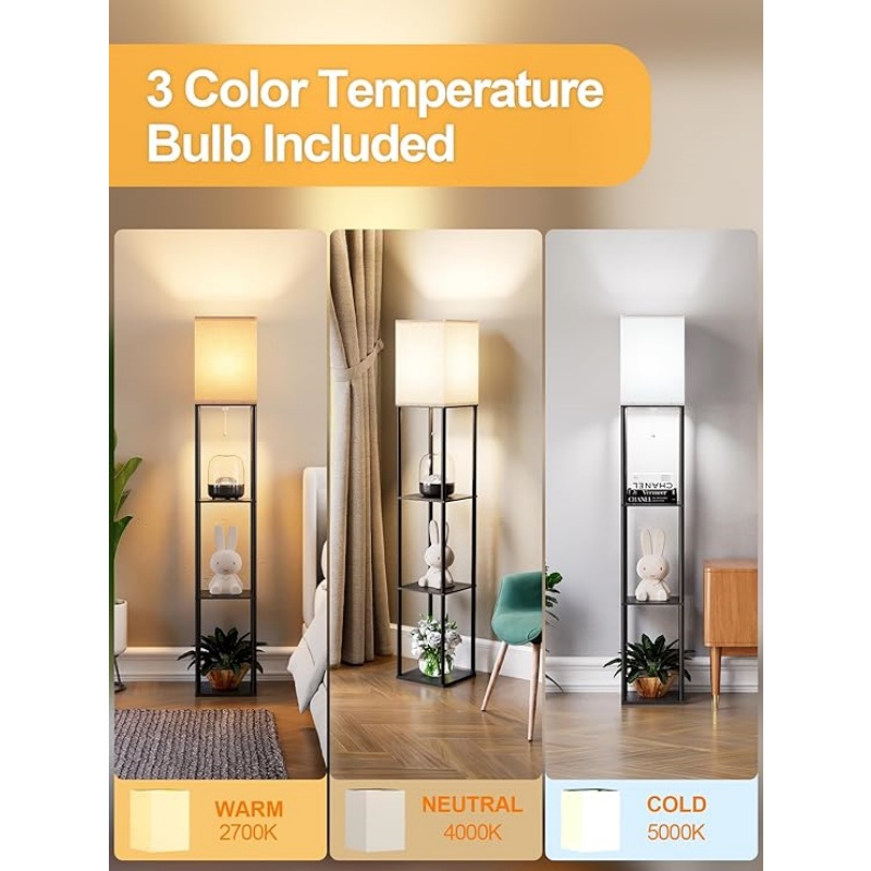 Floor Lamp with Shelves for Living Room Oak Gray