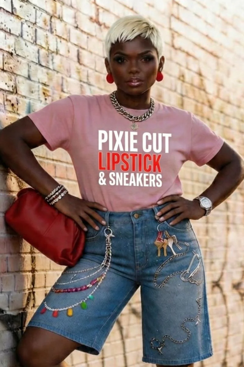 Pixie Cut, Lipsitck, & Sneakers Tshirt- Pink