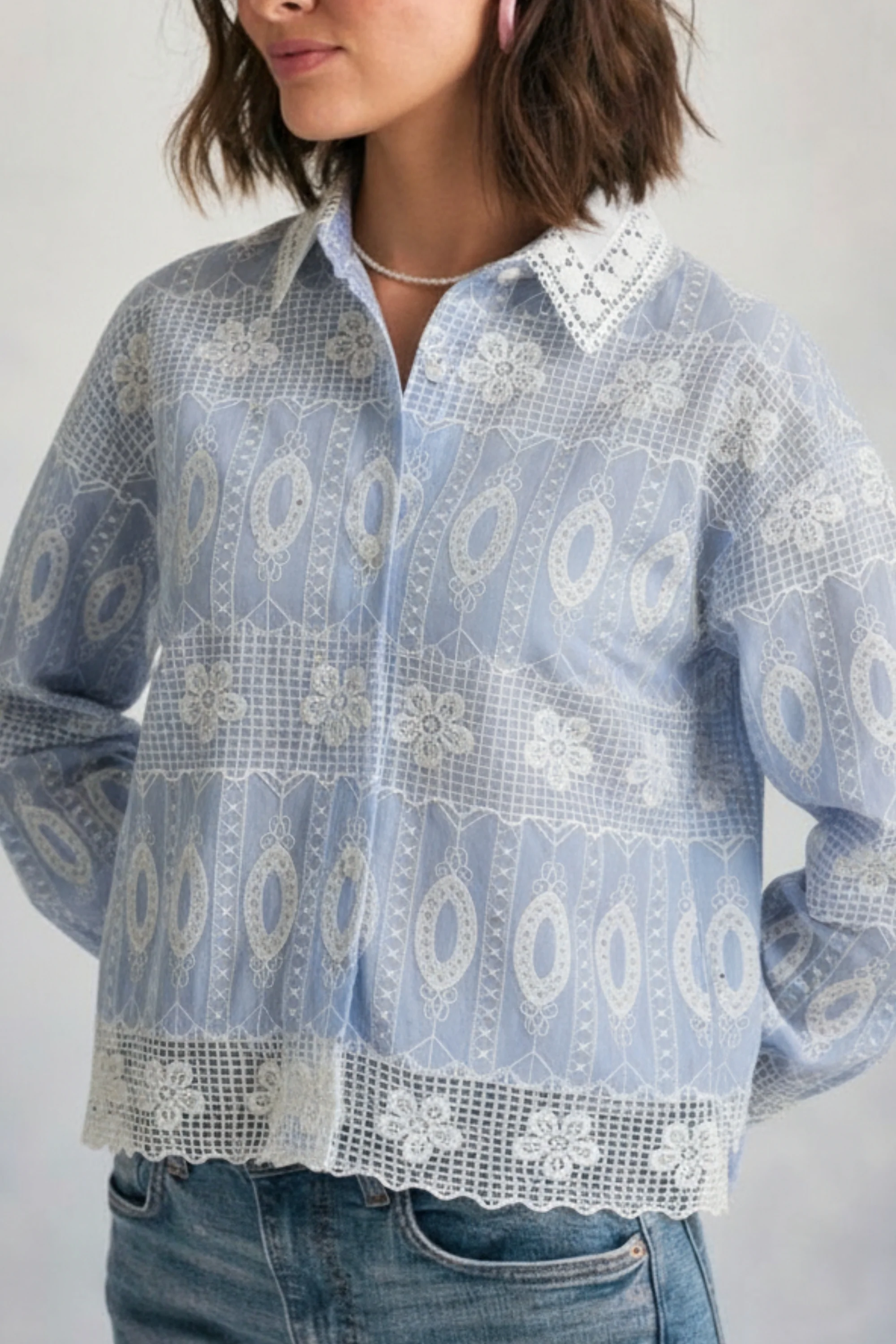 Ice Blue White Embroidered Shirt