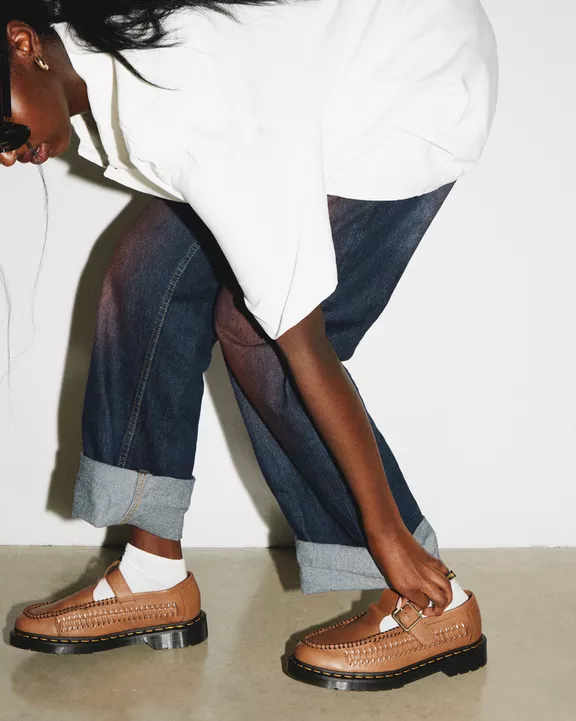 Adrian T-Bar Woven Leather Mary Jane Shoes