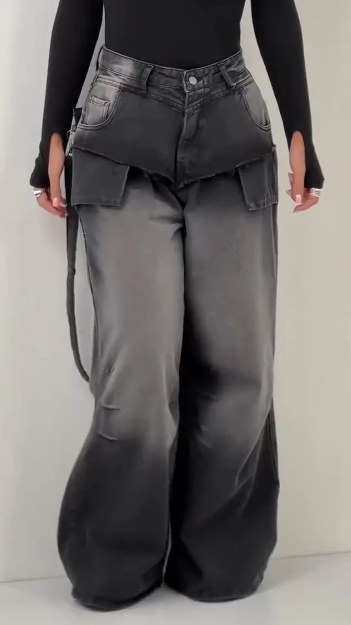 Women Patchwork Washing Water Back Hanging Rope Design Casual Jeans