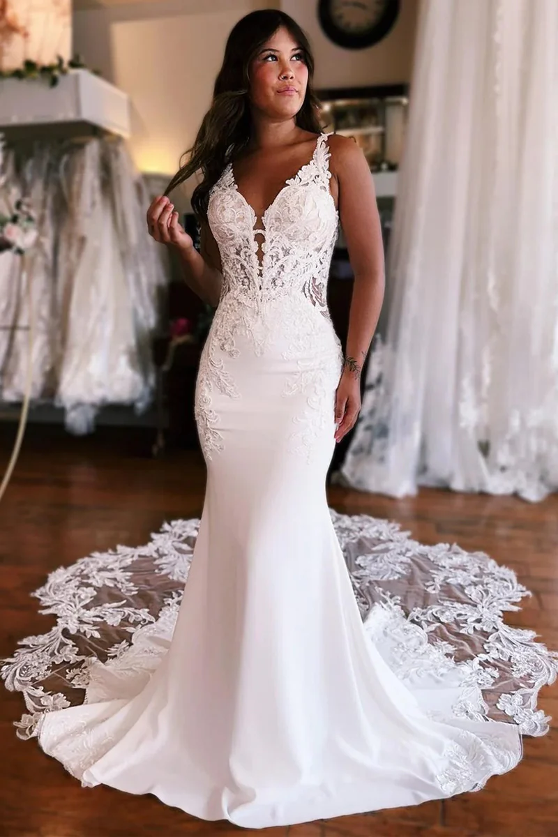 Elegant Mermaid V Neck Satin Wedding Dress with Appliques