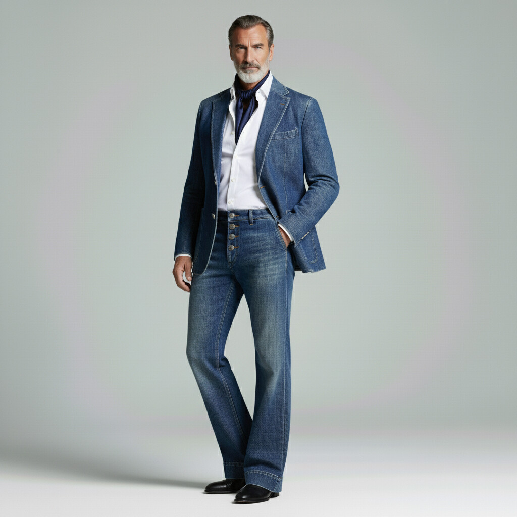 Men's Retro Blue Denim Notched Lapel Two Button Blazer & Flare Jeans 2Pcs Set