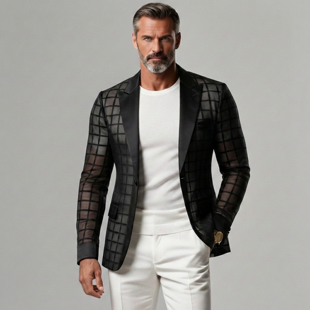 Men's Black Patchwork Sheer Grid Plaid Organza Long Sleeve Blazer