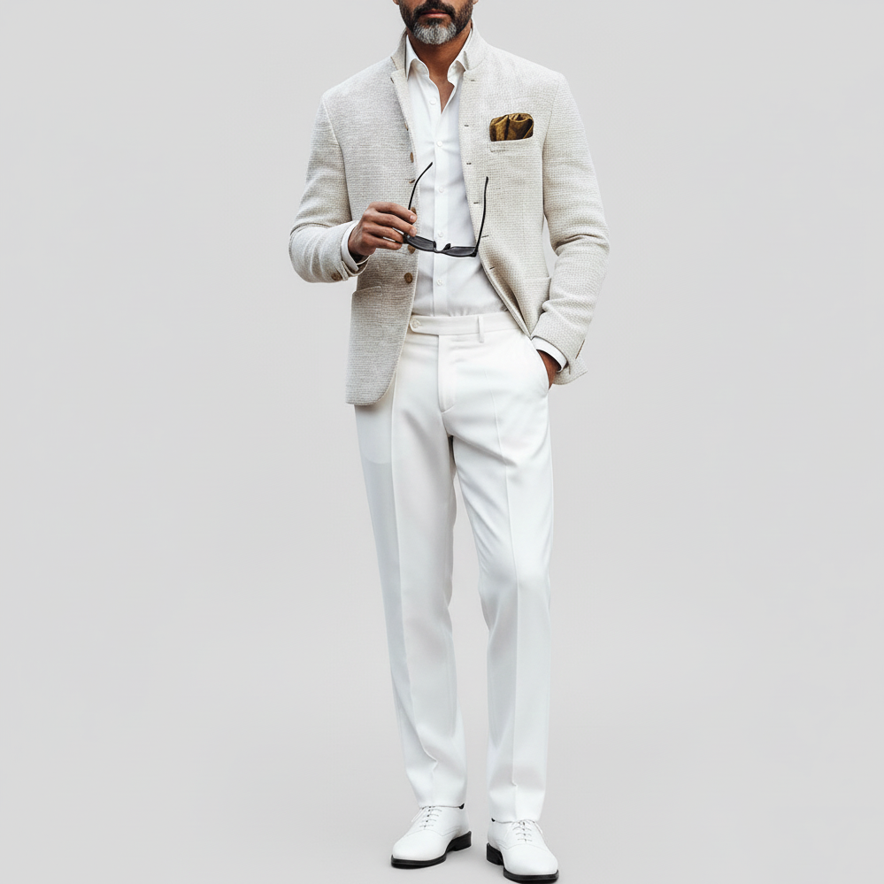 Men's Casual White Textured Lapel Collar Long Sleeve Button Pocket Jackets