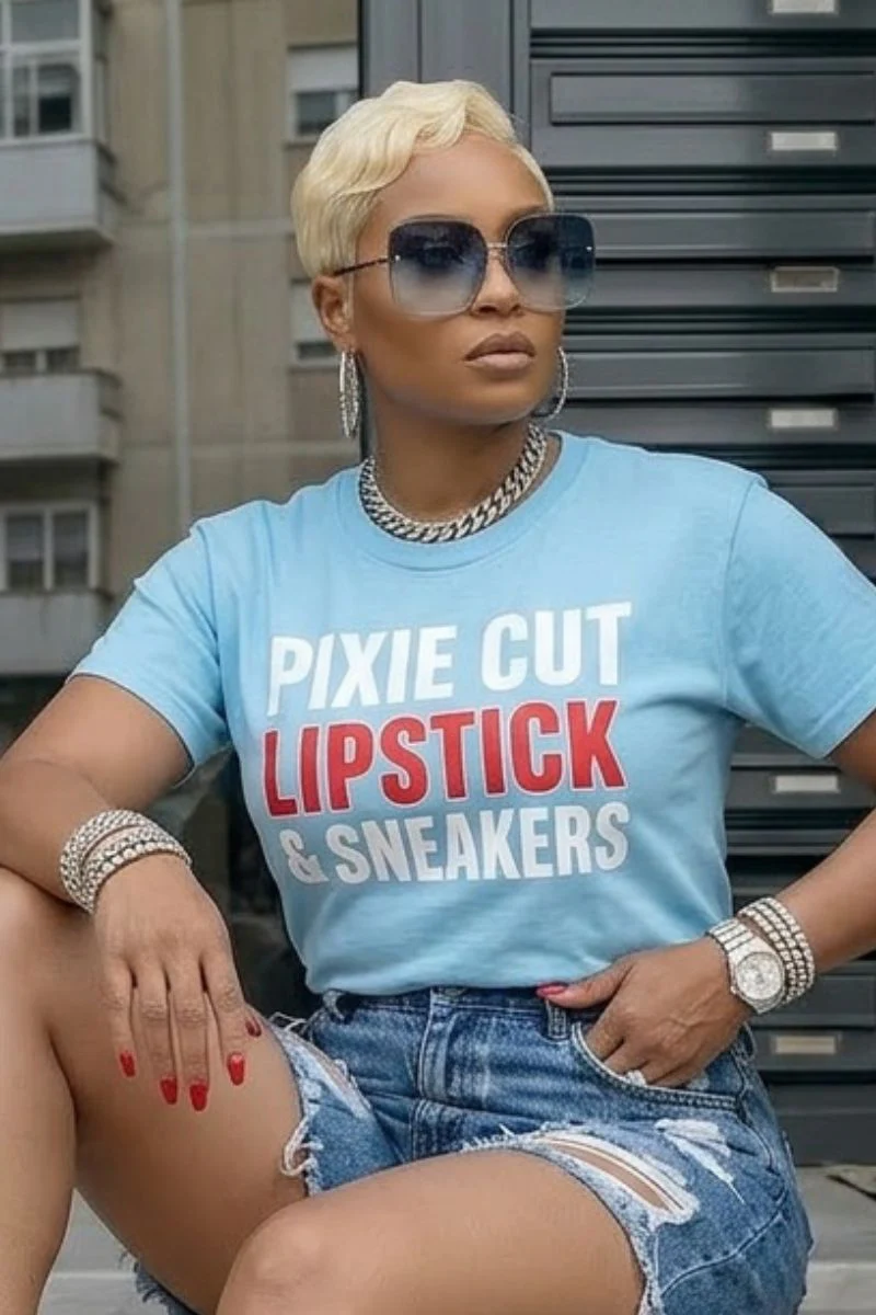 Pixie Cut, Lipsitck, & Sneakers Tshirt-Sky Blu
