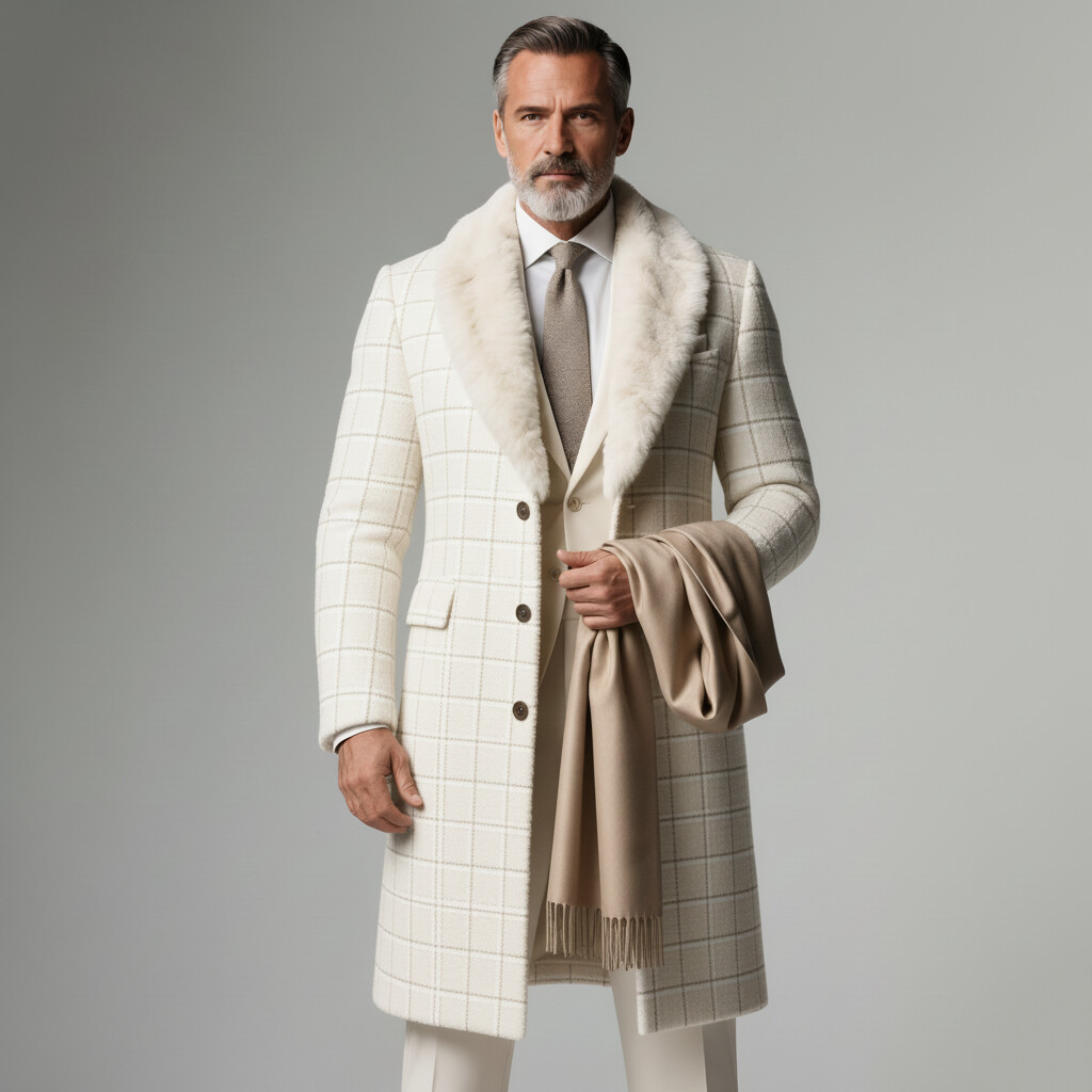 Men's Business Beige Fur Lapel Single Breasted Long Sleeve Plaid Print Trench Coats