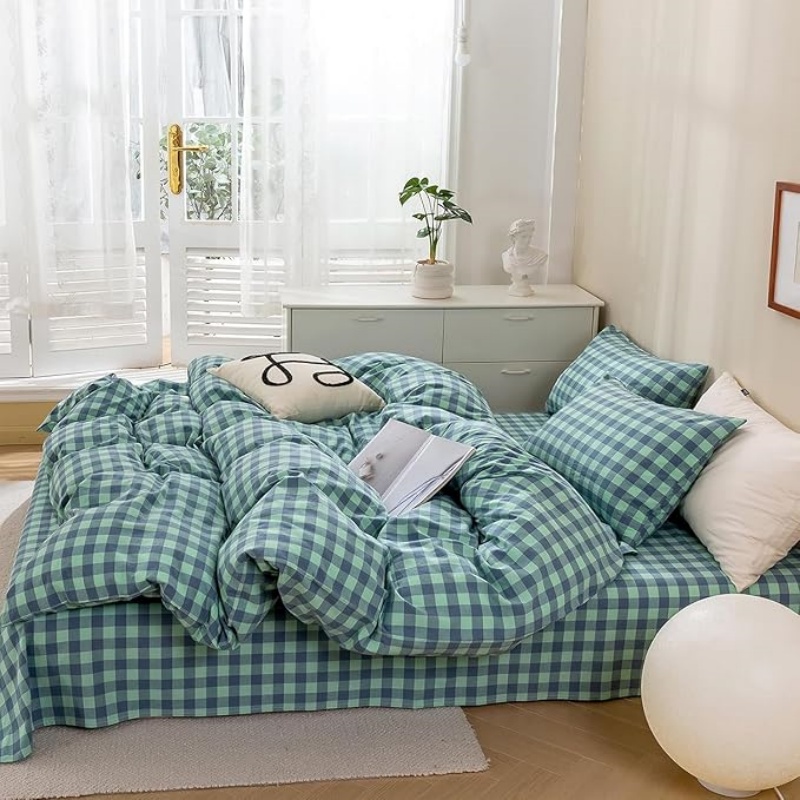 Green Gingham Grid Duvet Cover Queen