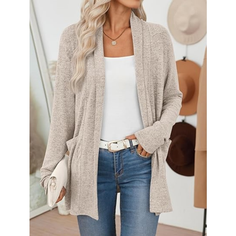 Women Lightweight Open Front Knit Cardigan Long Sleeve Fall Casual Cardigan with Pockets Soft Mid‑Length Outerwear