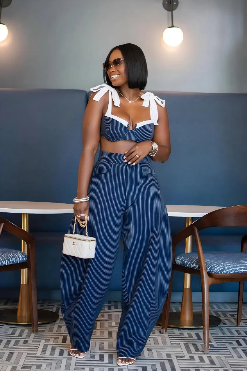 Chic Retro Striped Wide Leg Pants Set