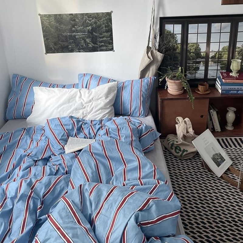 Vintage Striped Blue Duvet Cover Queen