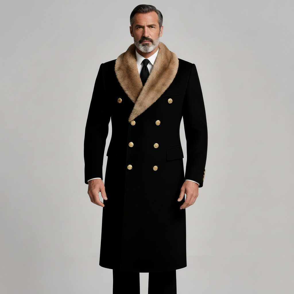 Men's Black Fur Shawl Lapel Double Breasted Long Sleeve Mid-Length Trench Coats