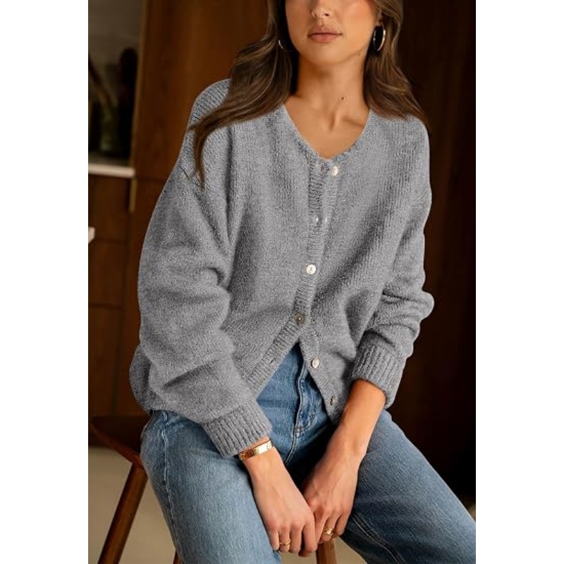 Women Fall Crewneck Button‑Down Knit Cardigan Long Sleeve Drop‑Shoulder Loose Cropped Textured Knit Outerwear