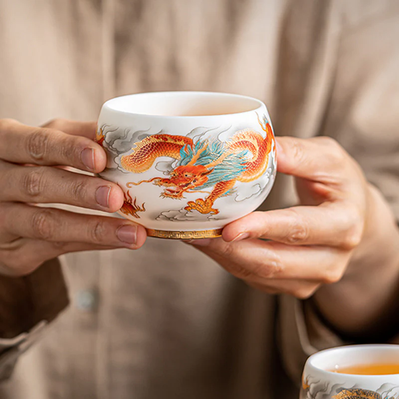 Dragon Phoenix Auspicious Clouds Ceramic Teacup Kung Fu Tea Cup With Gift Box