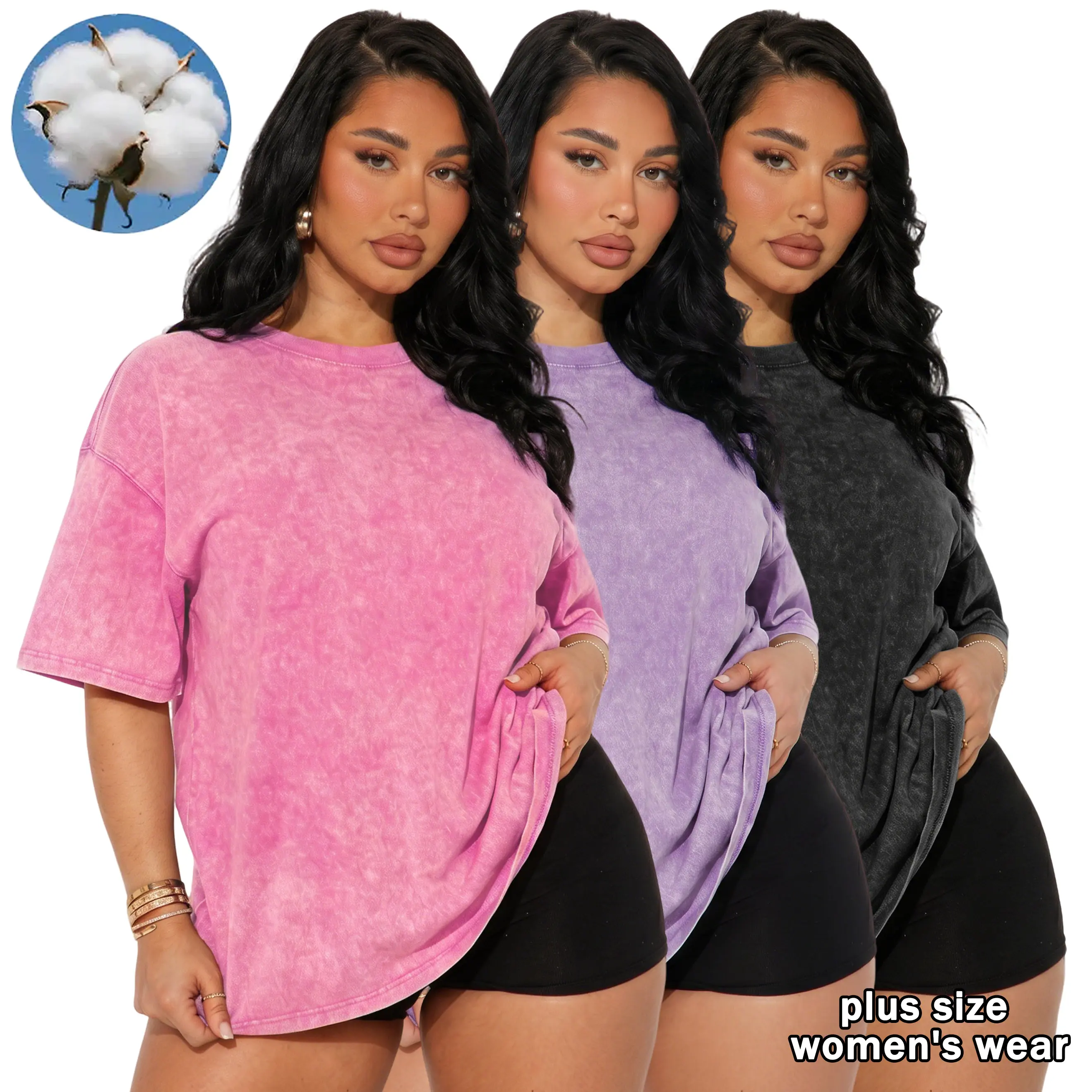 Women’s 3-pack American vintage distressed short-sleeve T-shirts, casual versatile crew neck minimalist solid color tops, suitable for home wear and everyday outings.
