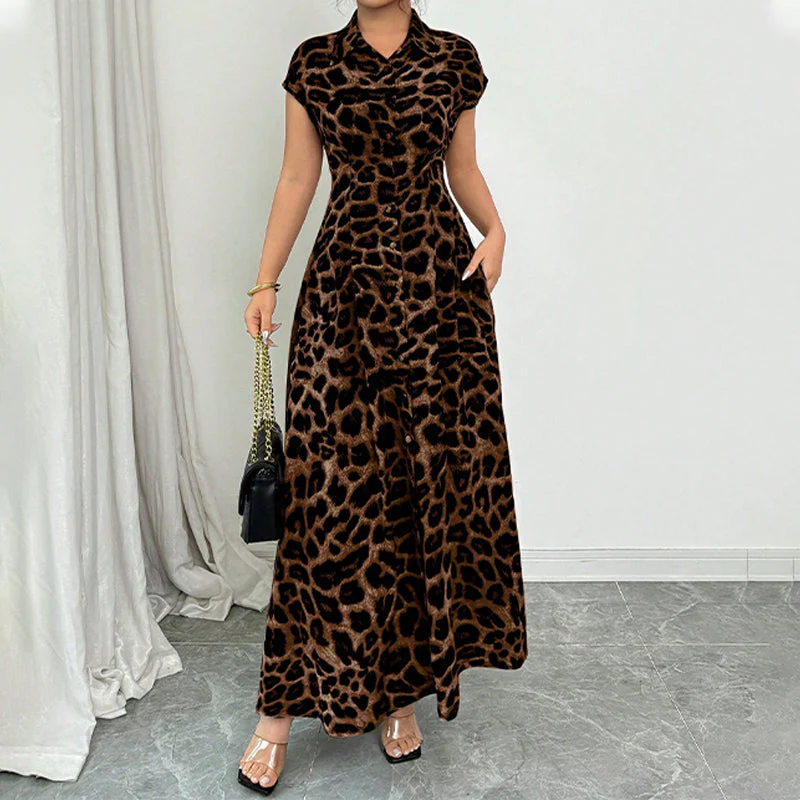 Elegant women's dress with a fold-over collar and leopard print