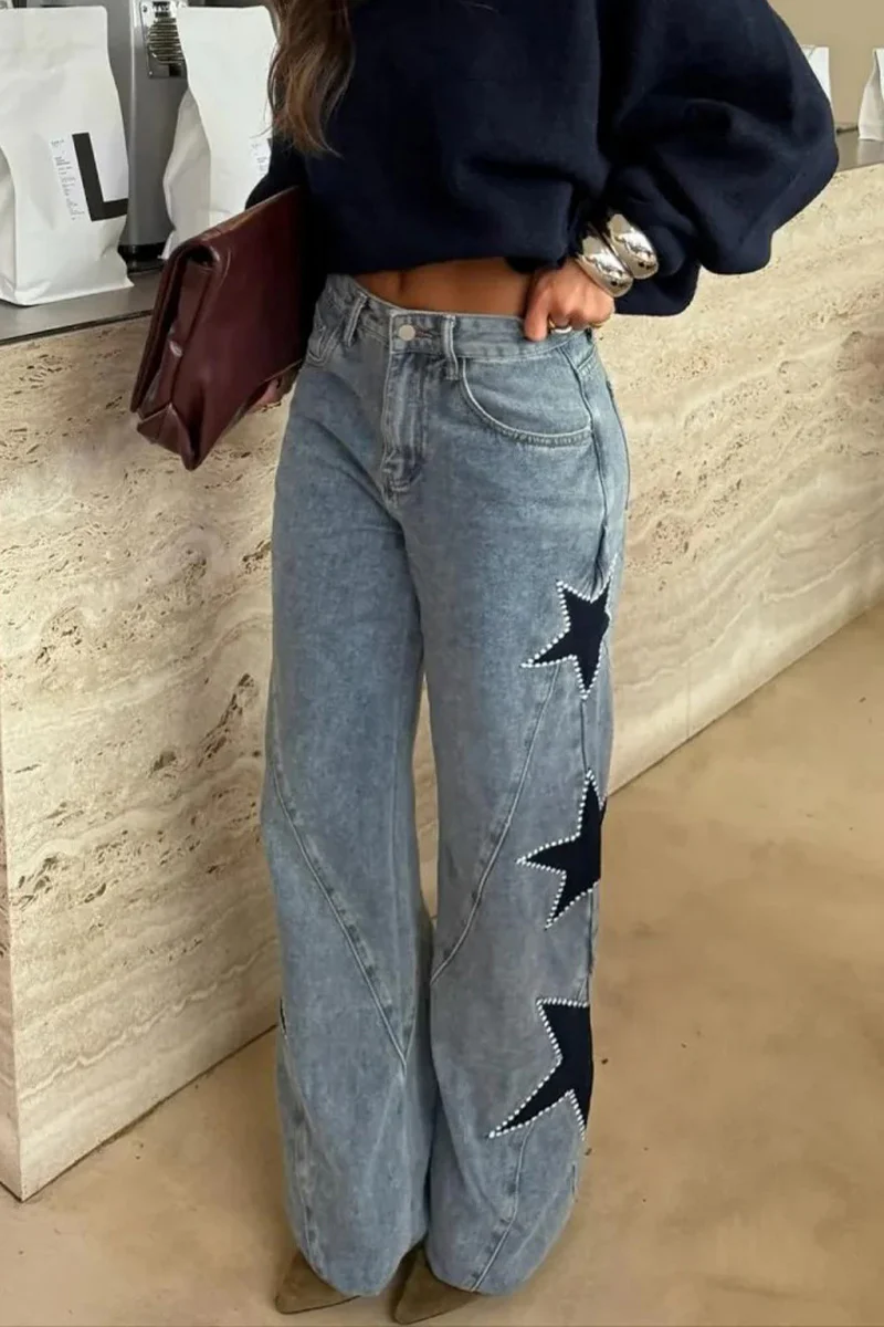 Women Patchwork Star Printed Rhinestone Casual Jeans