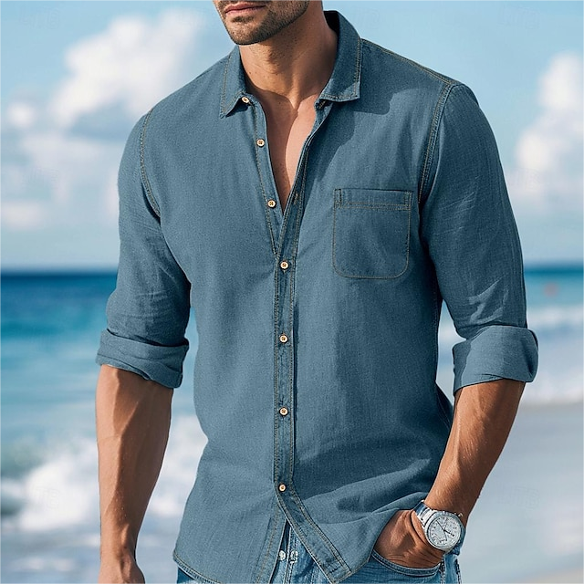 Men's Retro Turndown Collar Button Denim Long Sleeve Shirt