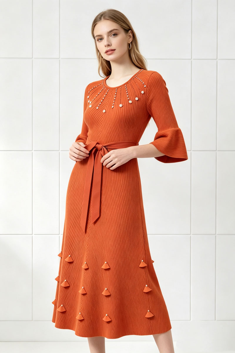 Loose beading elegant pinched waist dress for women